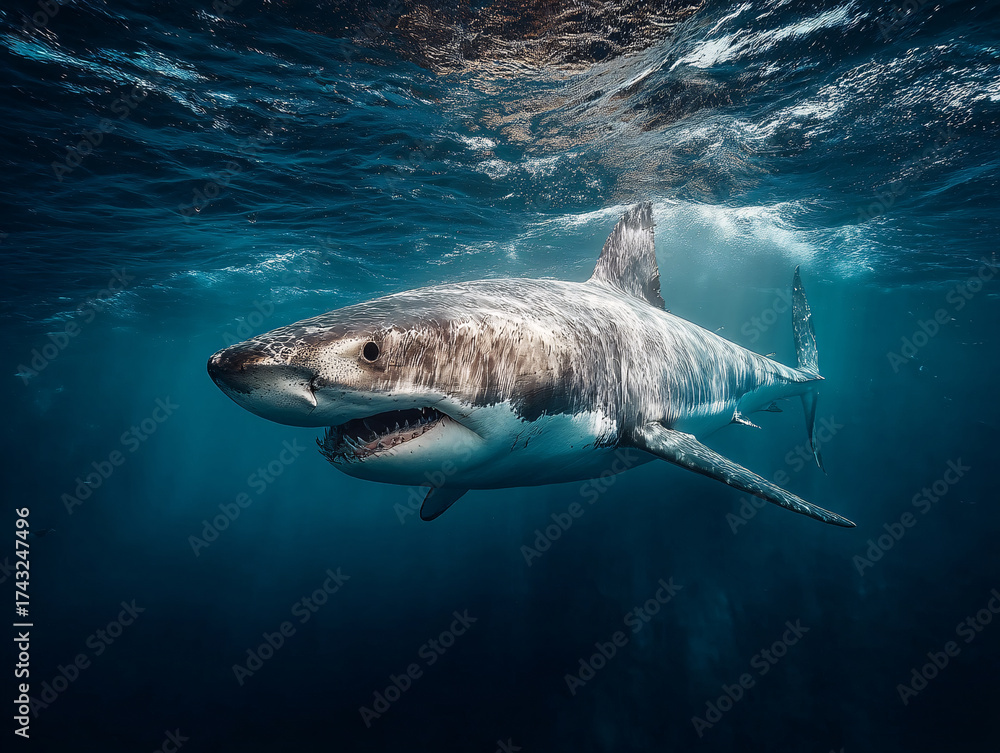 Naklejka premium large shark swimming underwater, with its body illuminated by light filtering through the water. The setting appears to be deep in the ocean, with dark blue hues dominating the background.