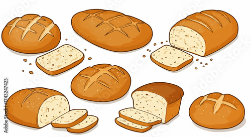 Assorted bread loaves with sliced portions