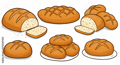 Baked bread loaves and rolls with transparent background