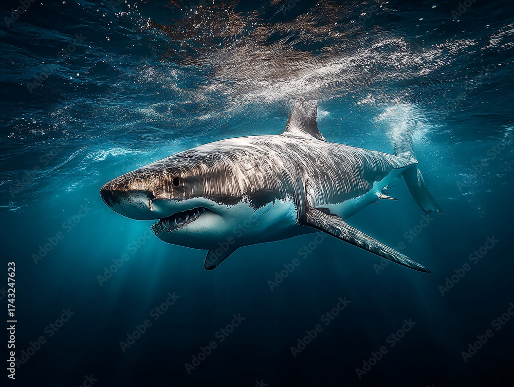 Fototapeta premium large shark swimming underwater, with its body illuminated by light filtering through the water. The setting appears to be deep in the ocean, with dark blue hues dominating the background.