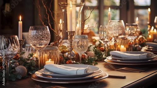 Decorated festive table set before holidays  
