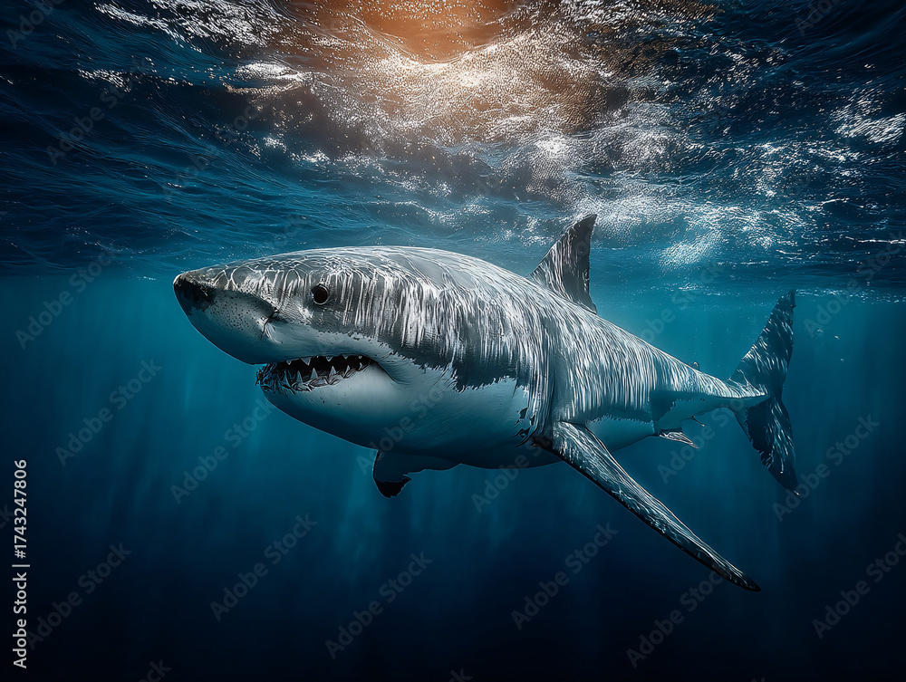 Fototapeta premium large shark swimming underwater, with its body illuminated by light filtering through the water. The setting appears to be deep in the ocean, with dark blue hues dominating the background.