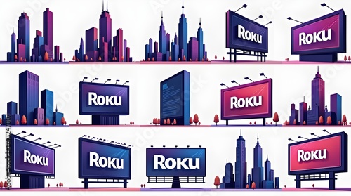 Modern City Skyline with Roku Advertising Billboards and Urban Architecture Illustration
