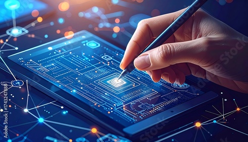 Person using digital pen on a tablet with circuit board imagery