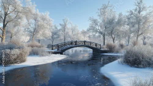 Winter park with beautiful bridge over frozen river  
