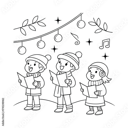 Kids Singing Christmas Carols Coloring Page.