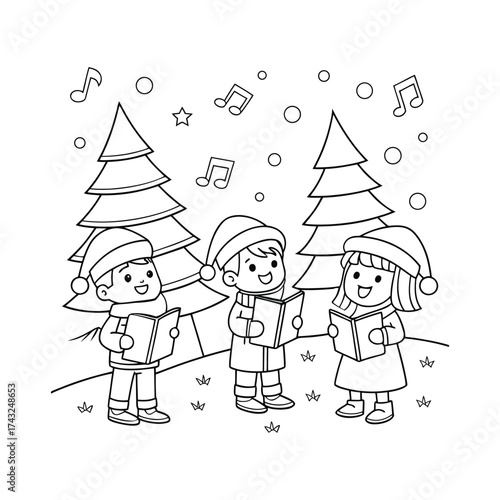 Kids Singing Christmas Carols Coloring Page.