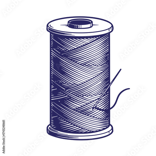 Vintage engraved illustration of a spool of thread with a needle for crafting projects