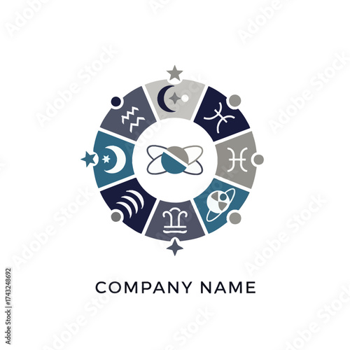 Astrology and Zodiac Signs Wheel Logo Design.