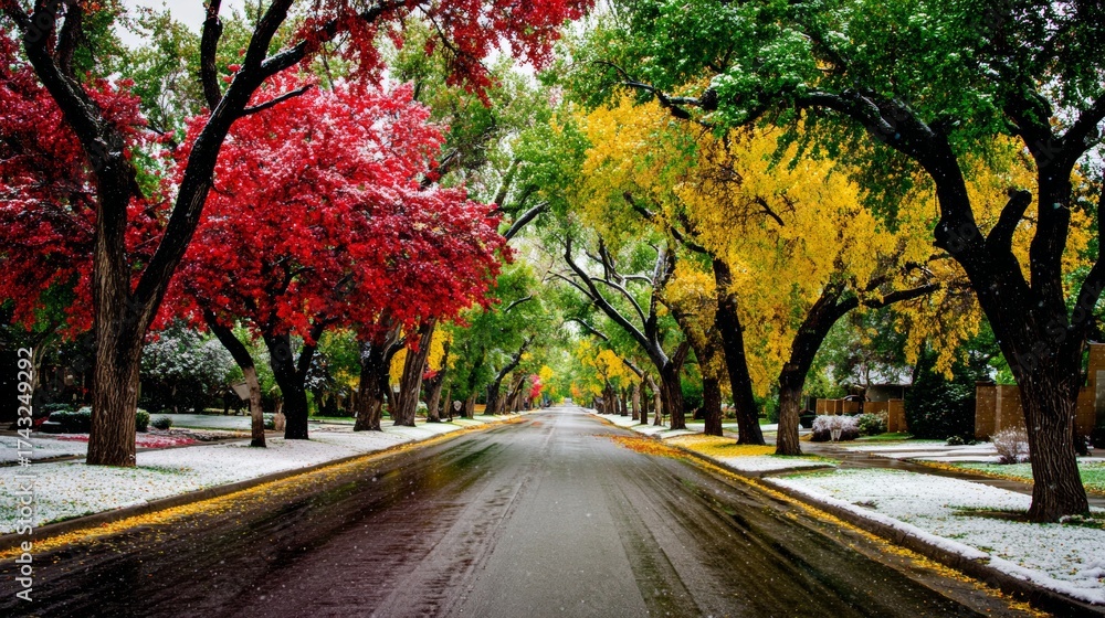 Naklejka premium Nature's delicate transition: capturing autumn's early snowfall. Documentary view. Subtle climate shifts: autumnal vibrance meets early snow. Reportage shot. Breaking news.