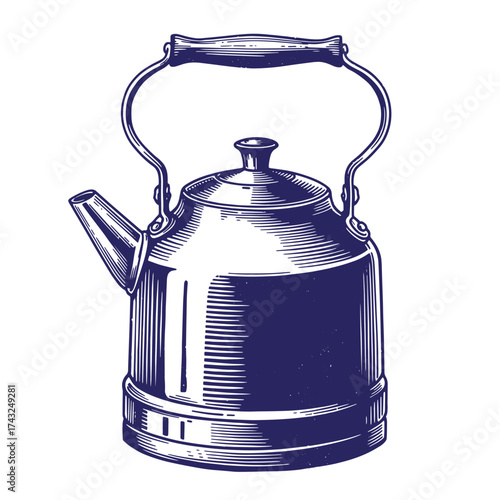 Vintage hand drawn engraved illustration of a classic kettle for brewing hot beverages