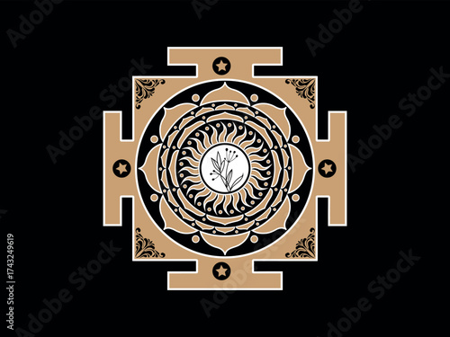 Intricate golden and black Sri Yantra mandala symbol with central emblem
