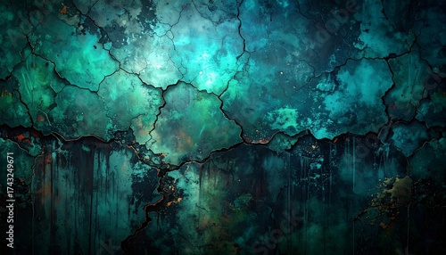 horror dark black green blue background, grunge crack concrete texture, scary haunted wall