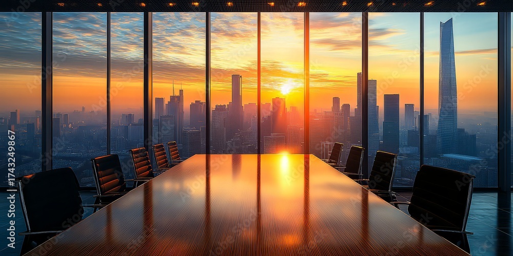 Fototapeta premium Conference room overlooking a cityscape at sunset with a long wooden table and black leather chairs , 8k resolution