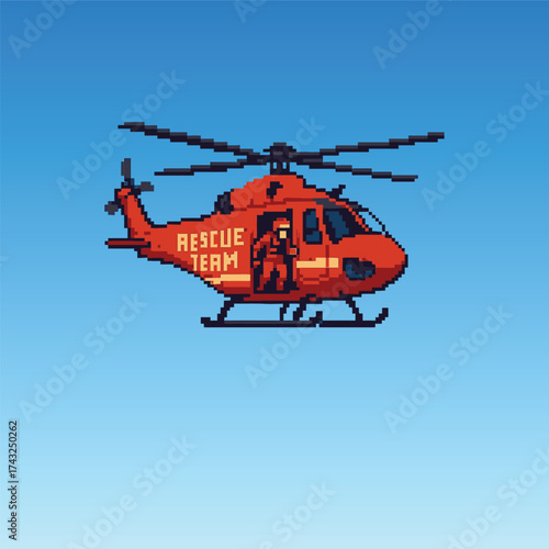 Vector illustration in retro pixel art style of a helicopter flying in the air with a rescue team stands at the open door