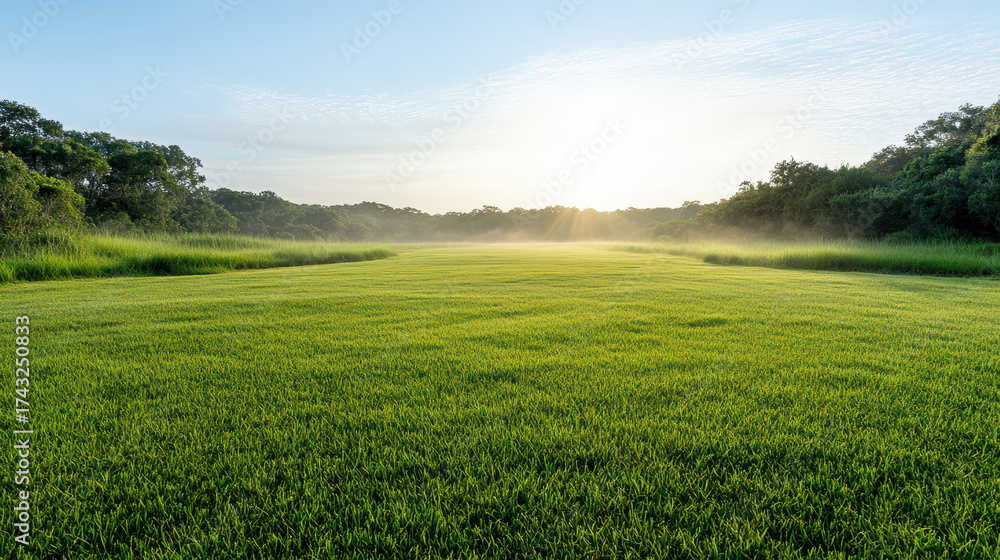 Obraz premium Lush green field with morning mist and sunlight illuminating landscape