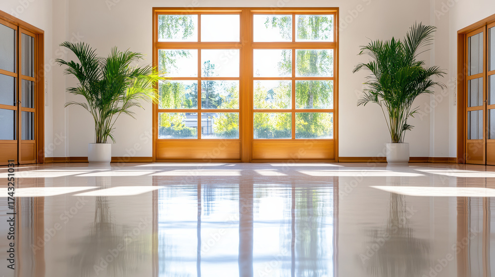 Fototapeta premium Bright and spacious corridor with large windows and potted plants, creating serene atmosphere