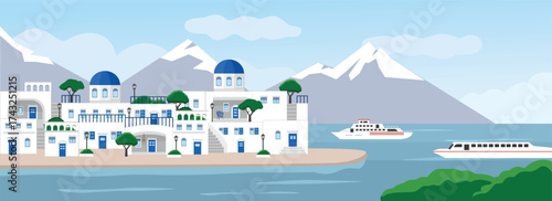 Santorini Island. Santorini Greece Landscape. White Houses of Santorini. Seaside Town. Coastal View. Panorama scene. Cruise and ship. 