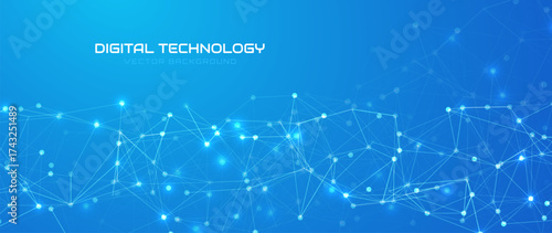 Futuristic Digital Network Lines with Glowing Dots Tech Blue Background. Abstract Data Connection Concept. Technology and Science Plexus Effect Banner. Vector Illustration.