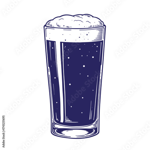 Vintage hand drawn illustration of a pint glass filled with dark beer and frothy head