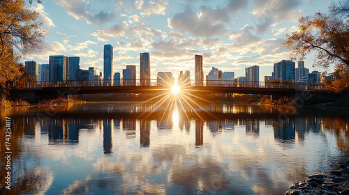 Fototapeta Naklejka Na Ścianę i Meble -  Stunning sunrise over city skyline reflecting on water, with bridge in foreground