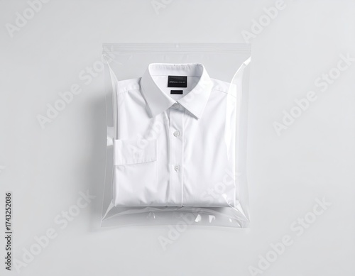 White shirt folded in clear plastic bag, neutral background