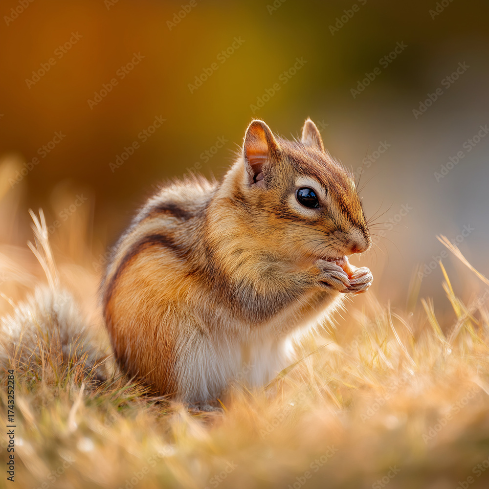 Obraz premium Chipmunk Eating Nut in Grassy Field ai genrative