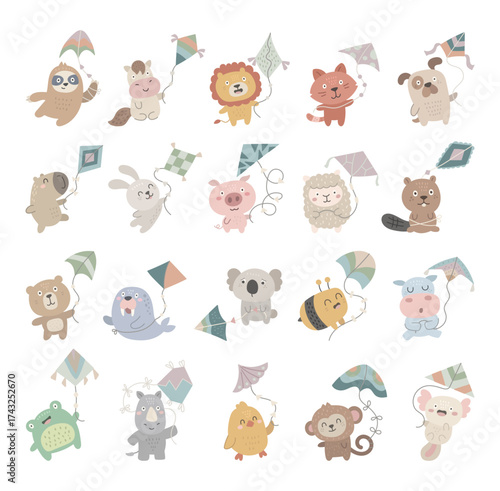 Animal with kite character set in scandinavian style with different emotions and poses including sloth, horse, lion, cat. dog, capybara, rabbit, pig, sheep, beaver