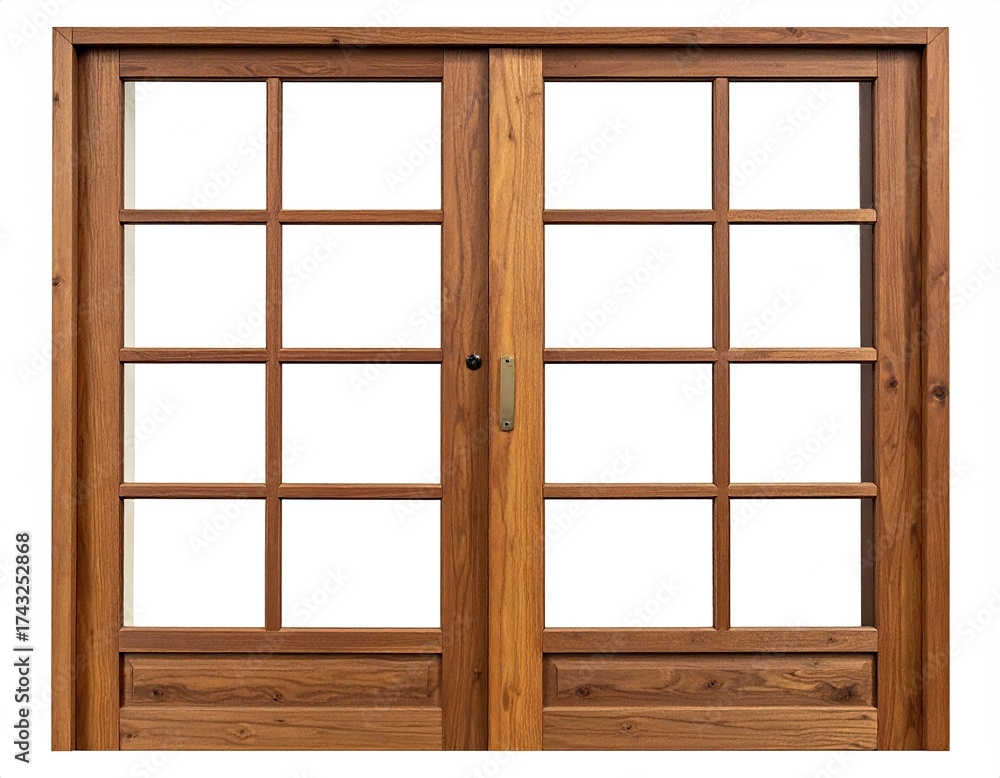 Obraz premium Grid-windowed wood doors, centered, with light fill