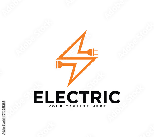 Electric logo design with thunderbolt voltage and plug, Vector image