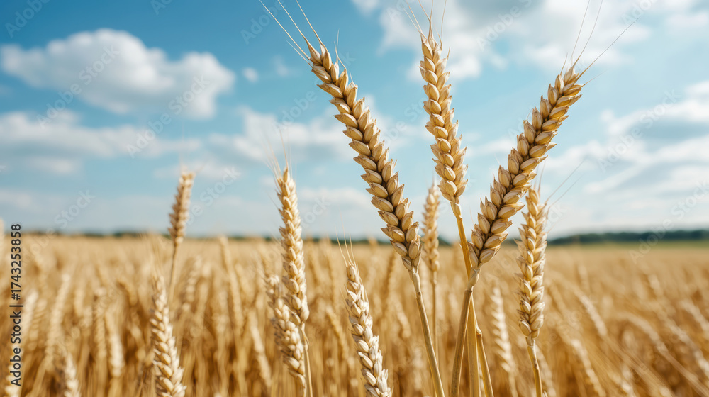 Fototapeta premium Golden wheat field swaying under bright blue sky with fluffy clouds, showcasing nature beauty