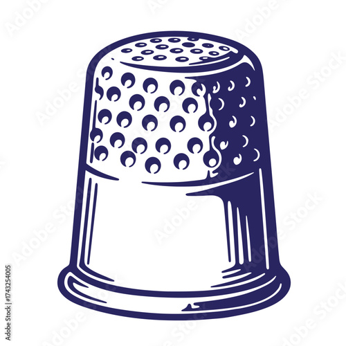 Vintage illustration of a detailed blue thimble isolated on a clean white background
