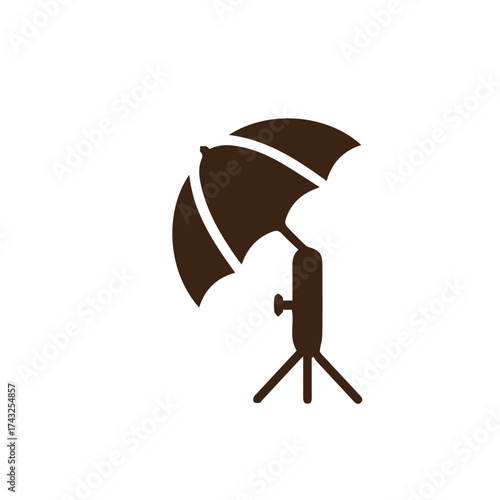 Minimalist brown icon of a photography studio light with a reflective umbrella and stand, isolated on a white background