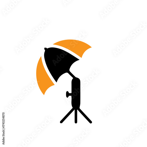 Creative photography studio lighting setup with umbrella reflector and tripod for professional photo shoots and video production