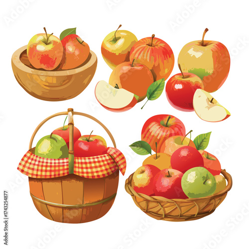 Vector illustration Red and yellow apples in wooden bowl and woven baskets fruit