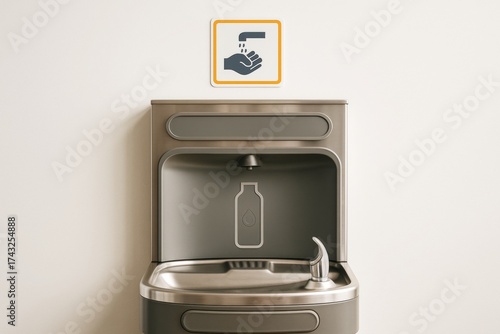 Public bottle filling water fountain with hand washing sign on light background, promoting hygiene and refill concept in social environments. Ai generative
