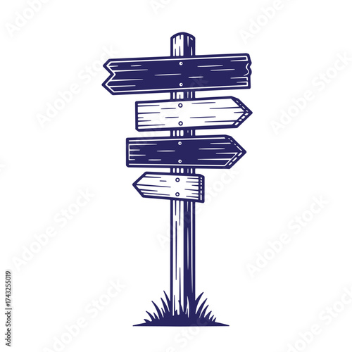 Vintage wooden directional signpost depicting various arrow-shaped destination boards on white background