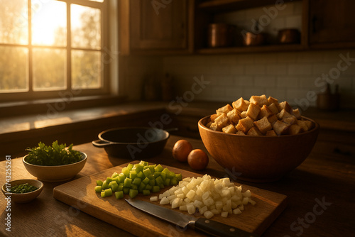 A rustic kitchen counter at golden hour. Vibrant ingredients for Thanksgiving stuffing: chopped celery, onions, herbs, and cubes of bread in a large wooden bowl.