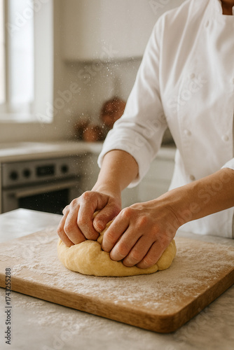 Professional commercial kitchen photo, close-up shot of a person's hands kneading fresh, golden-brown dinner roll dough on a floured wooden board.