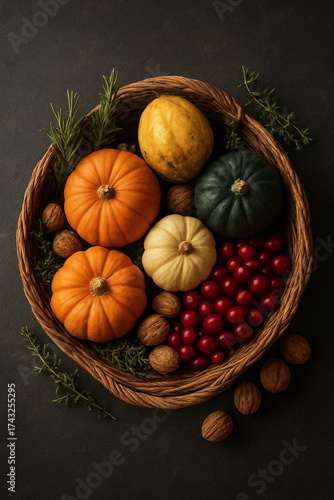 A flat lay photography of an abundant Thanksgiving harvest bounty. A rustic woven basket overflowing with organic pumpkins, gourds, cranberries, walnuts, and sprigs of rosemary.