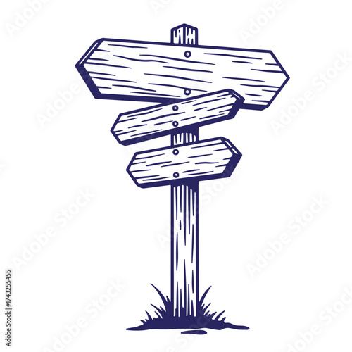 Vintage wooden signpost indicating directions with arrows and grass illustration