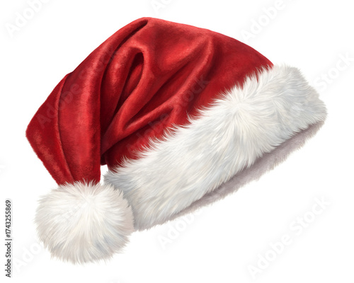 Single Santa hat made of red velvet with white fur, isolated on white background, realistic fabric texture