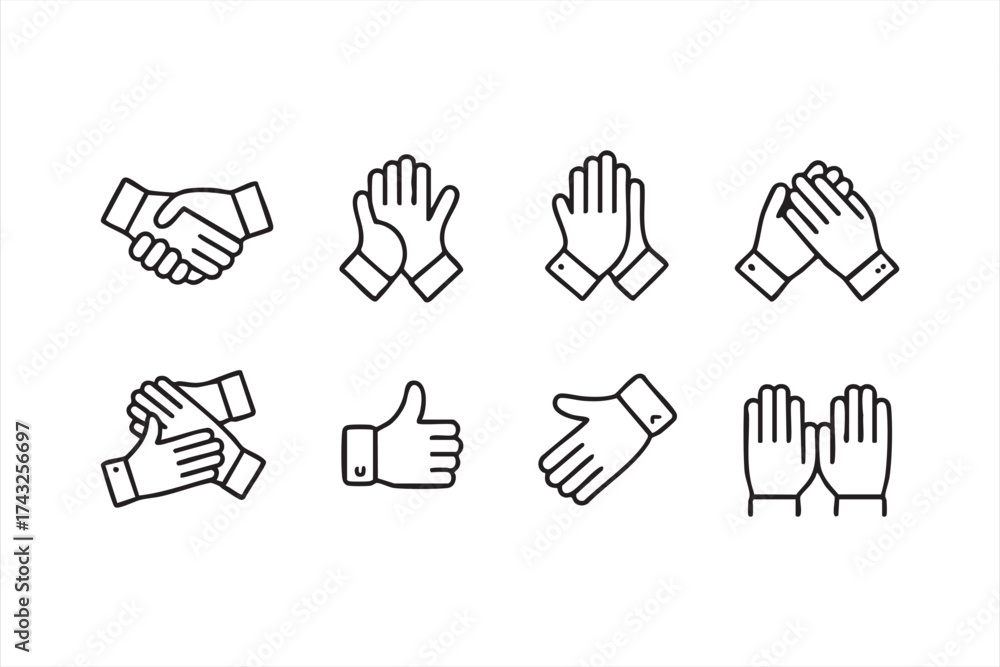 Fototapeta premium Teamwork and handshake icon set symbolizing collaboration and unity