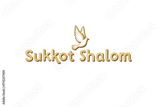 Text art design of Sukkot Shalom with dove on white background  