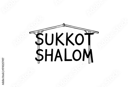 Sukkot Shalom text art illustration with a simple roof design  