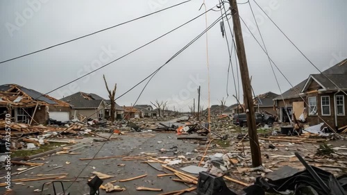 Devastating aftermath of a tornado in a suburban neighborhood. Street covered in debris and destroyed houses after a severe storm. Natural disaster and climate change concept
