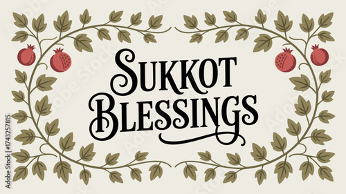 Sukkot blessings text art with pomegranates and floral design  