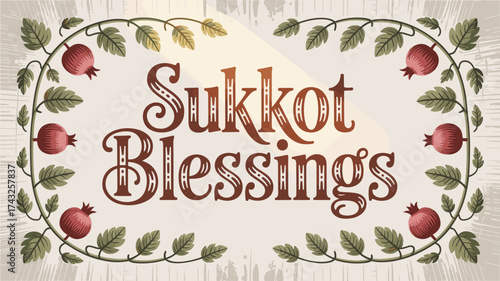 Sukkot Blessings text art with pomegranates and leafy frame  