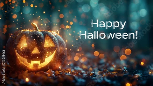 Happy Halloween inscription with mystical pumpkin background  
