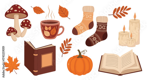 Cozy Autumn Elements Collection Featuring Books Warm Drinks and Seasonal Decor.